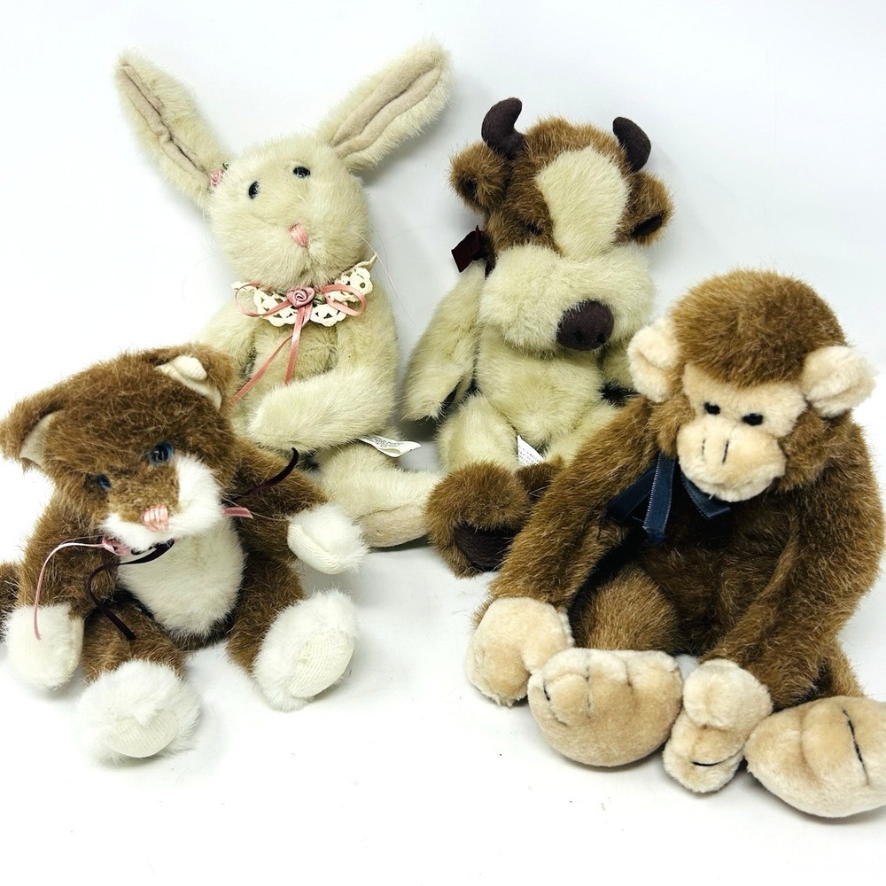 Boyds Bears Plush Lot of 4 Rabbit Monkey Cow Cat 1980s Collectibles